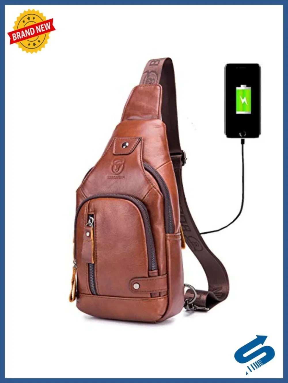 Genuine Leather Sling Bag with USB Charging Port, Multi-pocket Daypack